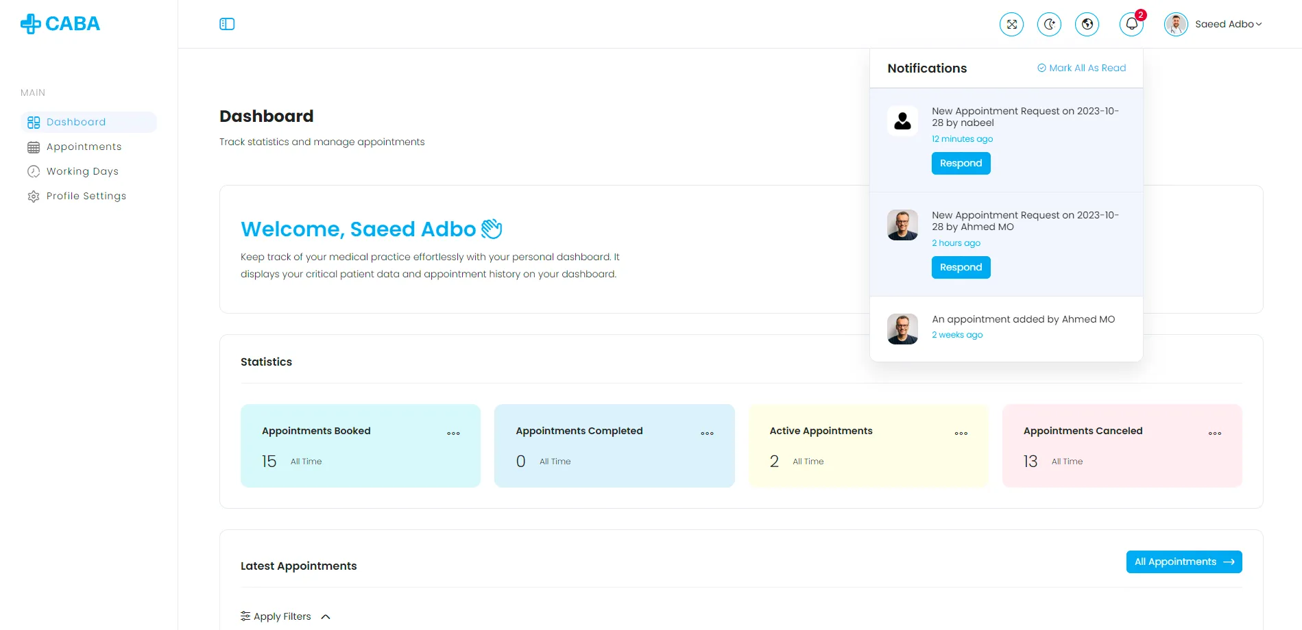 CABA clinic dashboard showing appointment statistics, activity, and role-based navigation