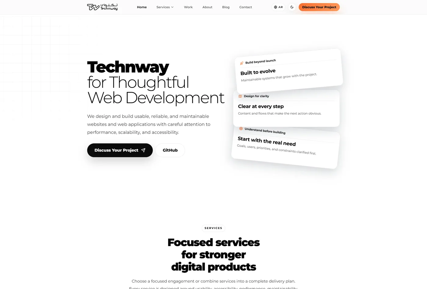 Current Technway English homepage in its light black-and-white presentation with orange accents